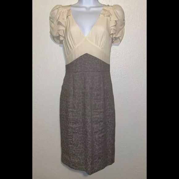 Rebecca Taylor silk Linen‎ Ruffled Sheath Combo Dress Ruched Ivory size 2 - Picture 5 of 8
